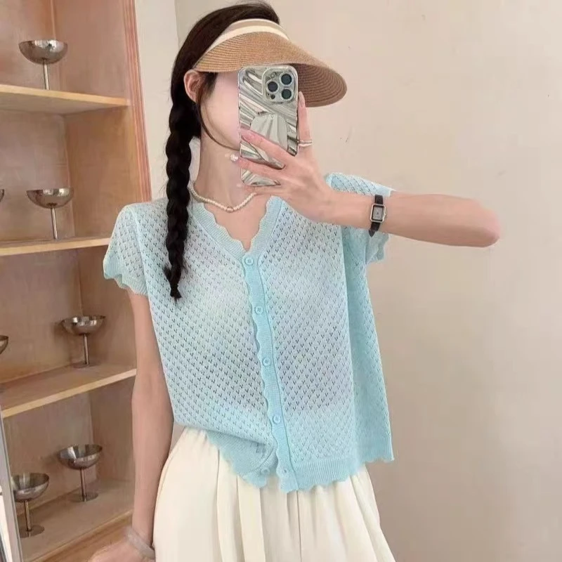 夏季小个子新款凉爽短袖开衫针织衫时尚百搭薄款镂空设计感