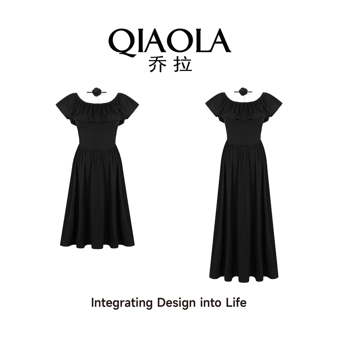 QIAOLA/乔拉【情迷黑玫】夏季针织荷叶边U领A版轻奢减龄连衣裙预售