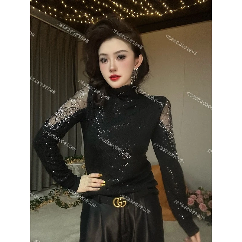 【秋冬新款】满天星欧货蕾丝爆款洋气时尚重工烫钻长袖打底衫女