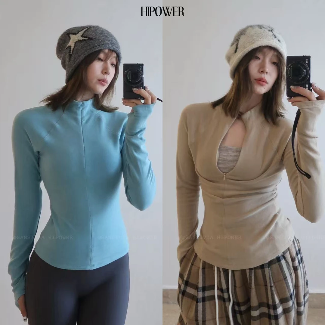 优可丝抗菌双面绒半拉链运动健身保暖长袖T恤秋冬显瘦瑜伽上衣女