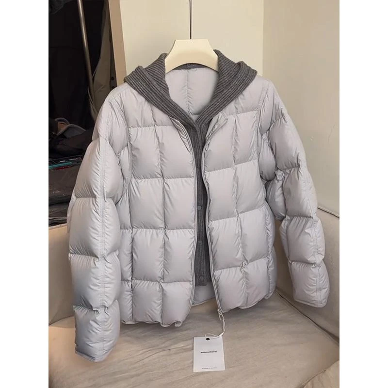 韩系针织拼接连帽加厚棉服2025冬季新款设计感宽松百搭棉衣外套