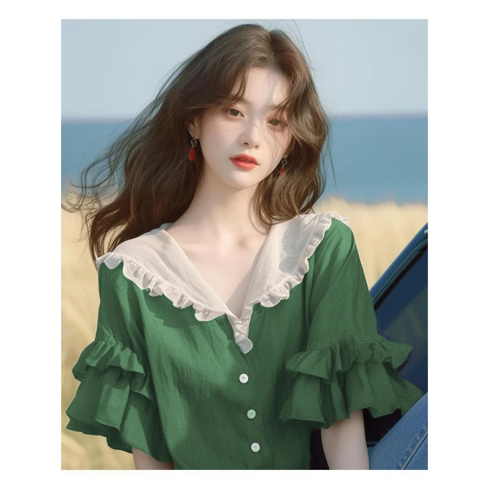 夏季流行爆款设计感上衣小众洋气法式高端漂亮绿色荷叶领短袖睡衣