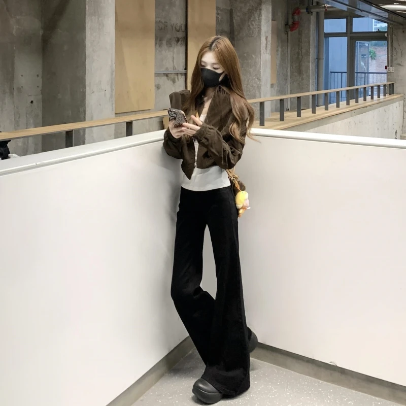 180高个子175加长美式宽松低腰微喇牛仔裤女不贴腿黑色垂感马蹄裤