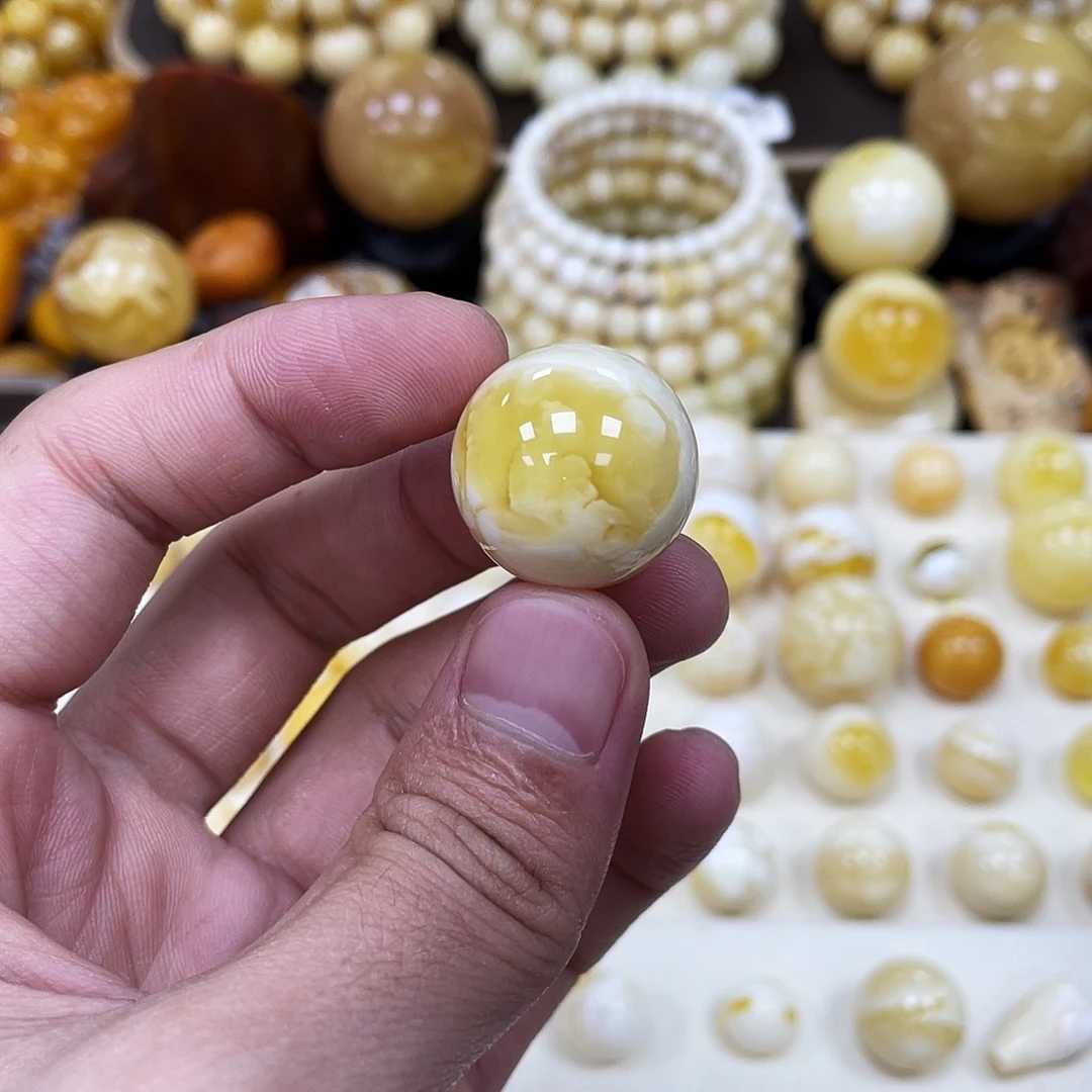 蜜蜡未镶嵌珠宝奇石21.8mm【溶洞妖花金瓷白】圆珠