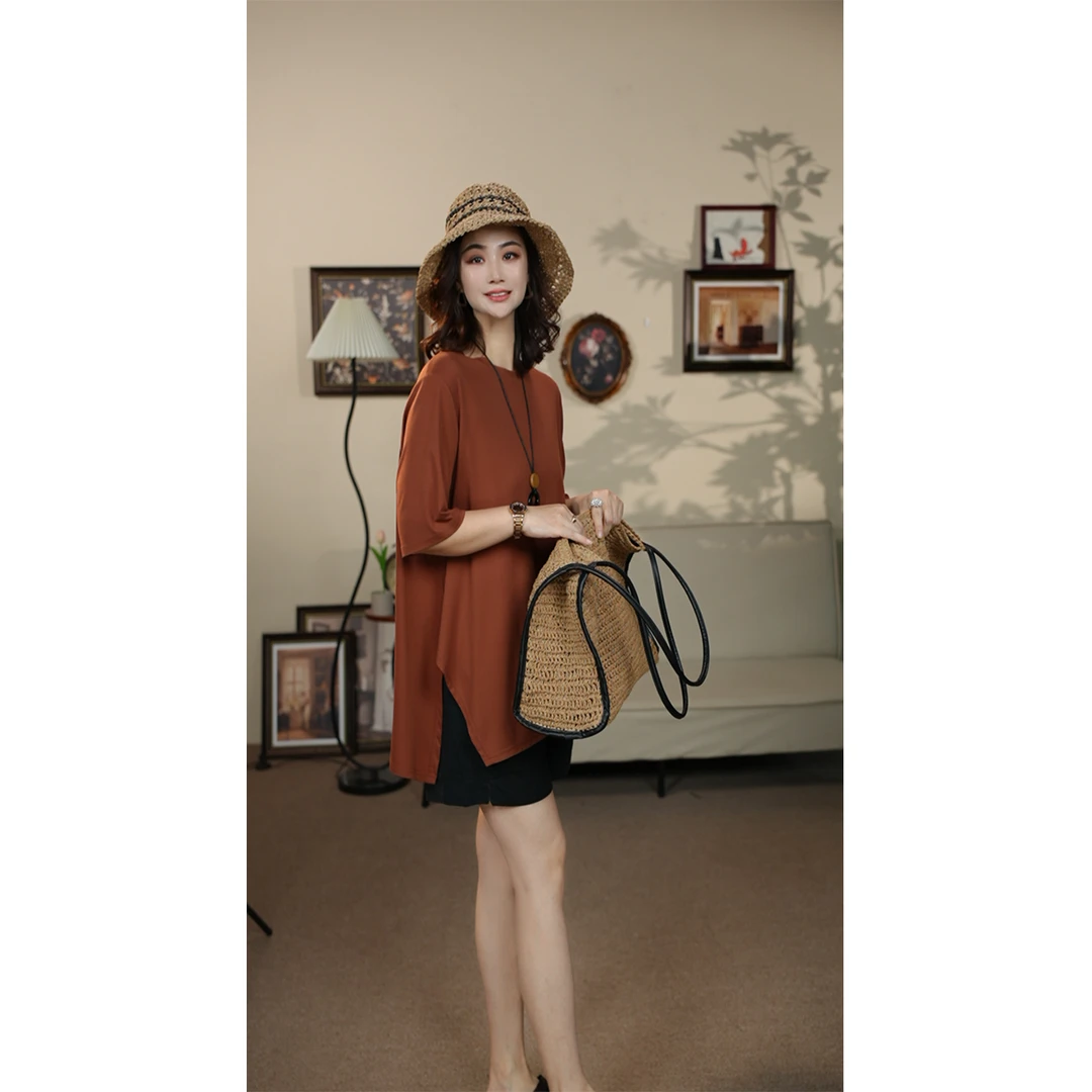 YT&纯色五分袖休闲简约圆领T恤宽松薄款时尚复古中长T恤#JZ800