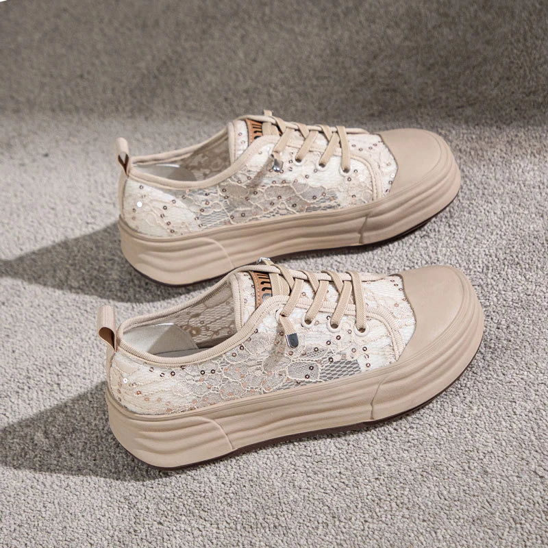 大码女鞋春鞋子透气小白鞋厚底春季2025新款蕾丝网面渔夫鞋41到43