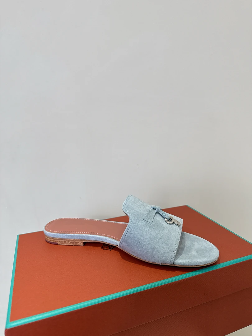 【JX专属】LP民族风平底法式夏季一字拖浅蓝时尚休闲低跟外穿拖鞋女