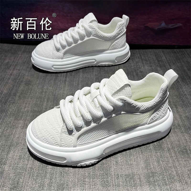 新百伦男鞋2025新款夏季透气鞋潮流百搭厚底网面运动休闲小白板鞋