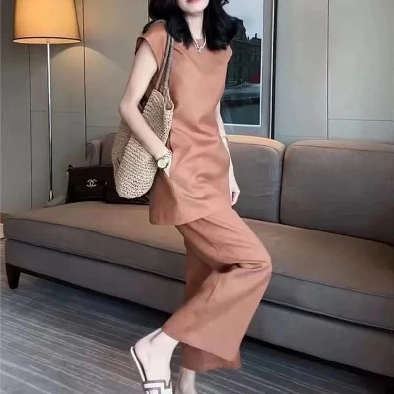 夏开叉无袖宽松上衣显瘦九分阔腿裤两件套韩系休闲时尚纯色套装女