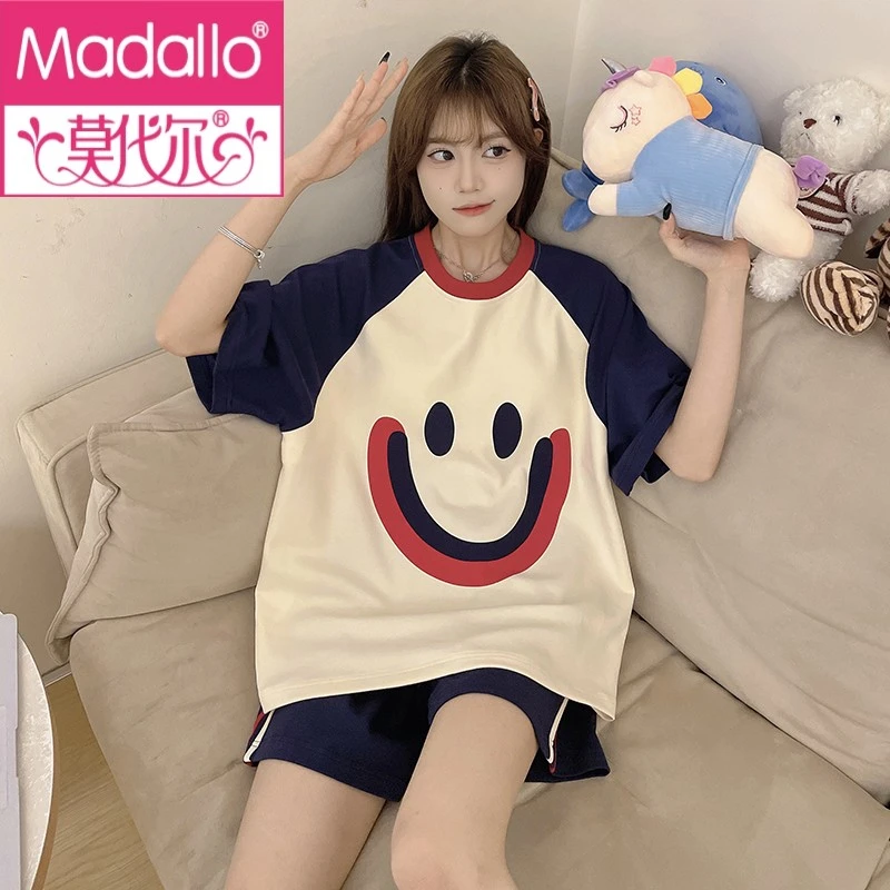 莫代尔网红风睡衣女款夏季短袖薄款卡通笑脸拼接2024新款夏天家居