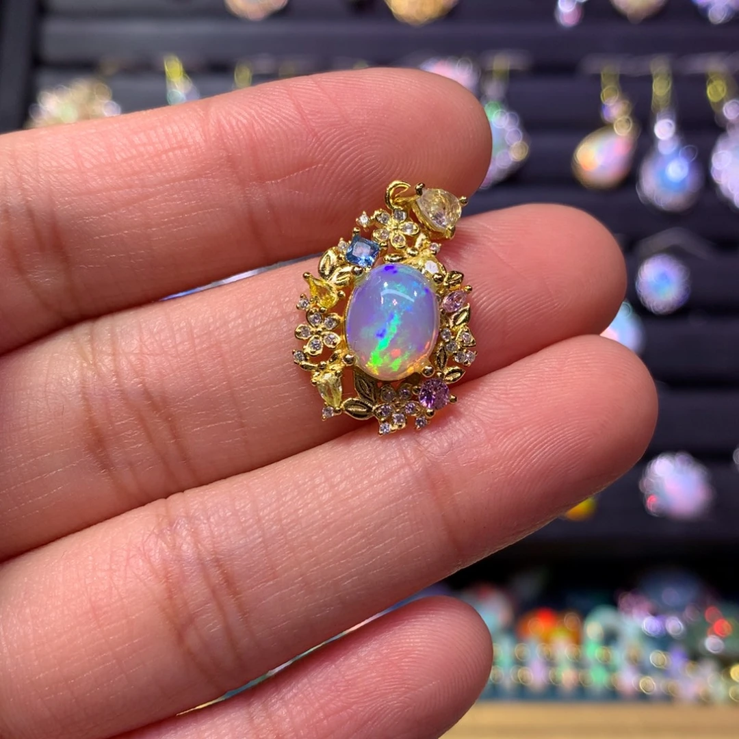 欧泊银S925镀金镶嵌吊坠