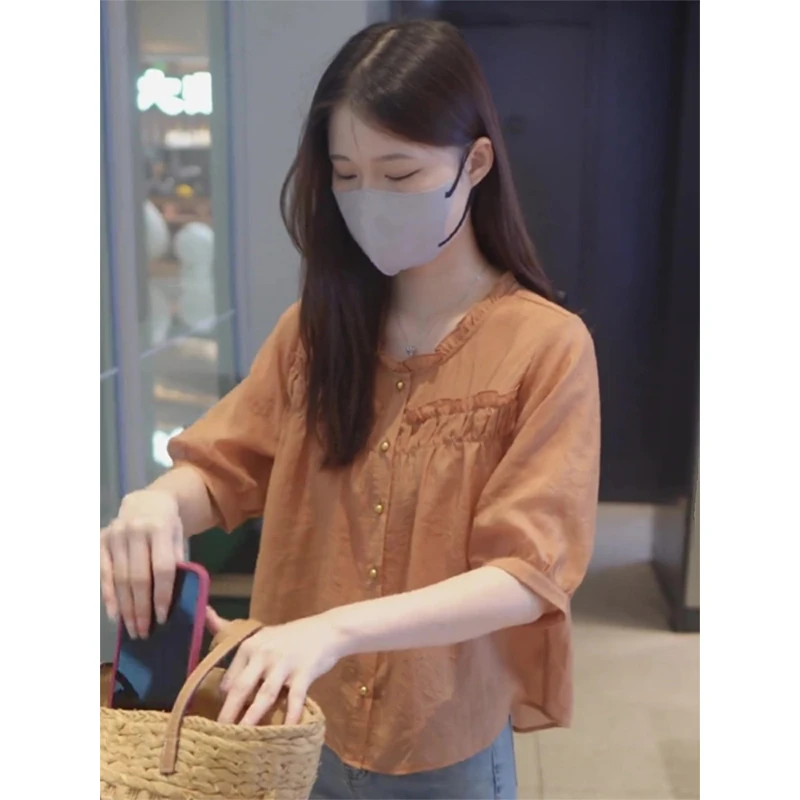时尚百搭高级感短袖衬衫女士2025夏季爆款气质显瘦小个子雪纺上衣