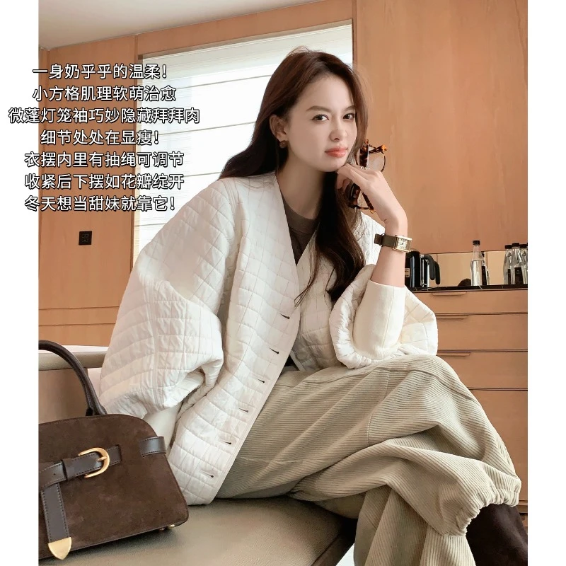 美洋MEIYANG 小方格棉服 温柔V领排扣灯笼袖外套【宽】-周四