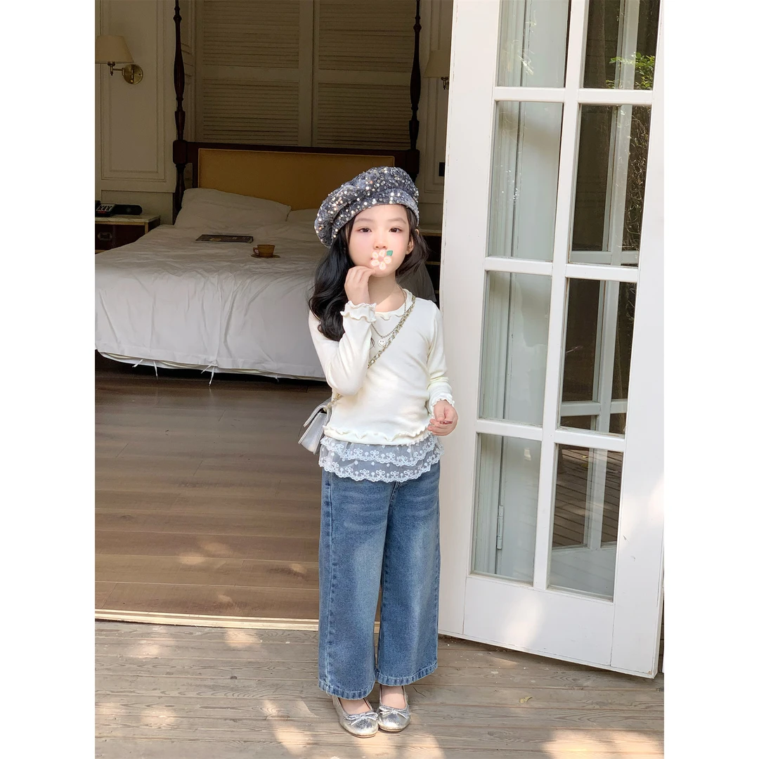 小粉象 ·春季新款女童韩版木耳边打底衫+时尚花边牛仔裤套装