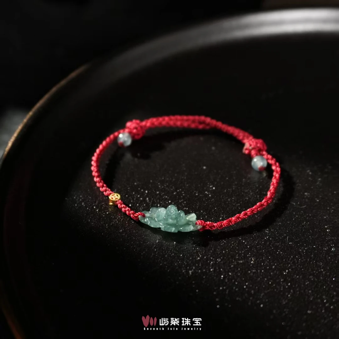 B1313 翡翠18k金镶嵌 蓝冰花花红绳18k手绳 防跑
