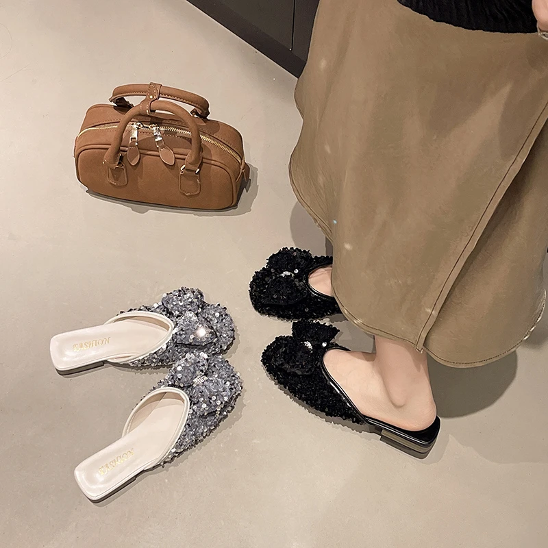 包头半拖鞋女外穿2025夏季圆头凉拖鞋时尚百搭亮片鱼嘴一字拖潮鞋