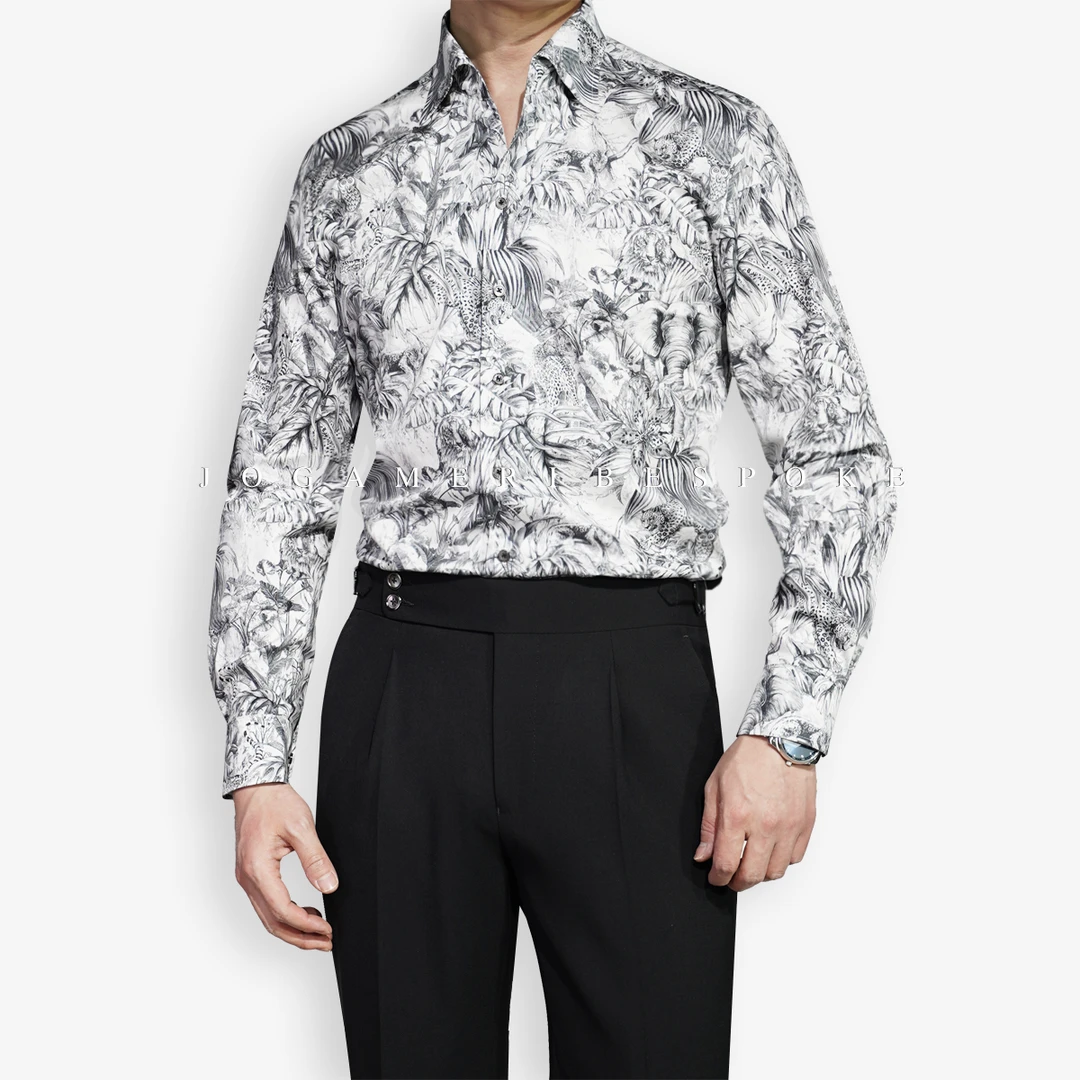 【黑灰丛林印花】意式一片领 弹力修身时尚休闲衬衣男士衬衫