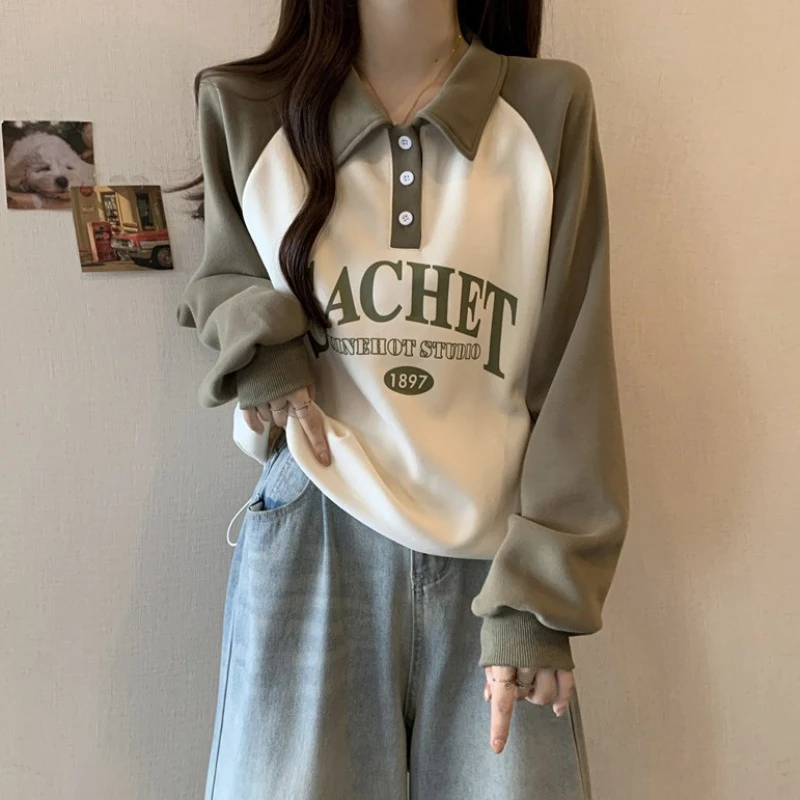 大码POLO领字母印花抽绳卫衣女春秋胖MM宽松显瘦百搭洋气撞色上衣