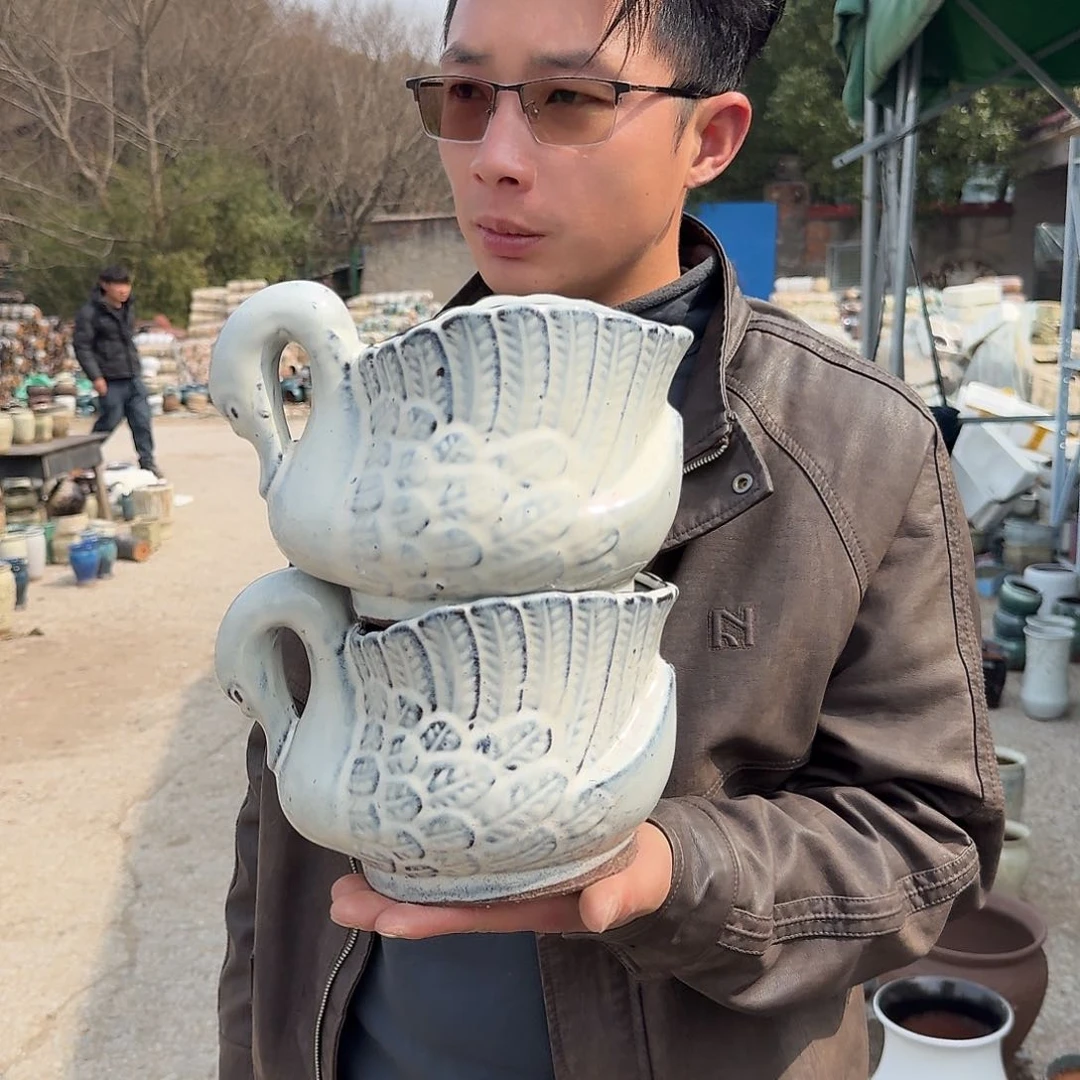 紫砂花盆鹅白色两个两个