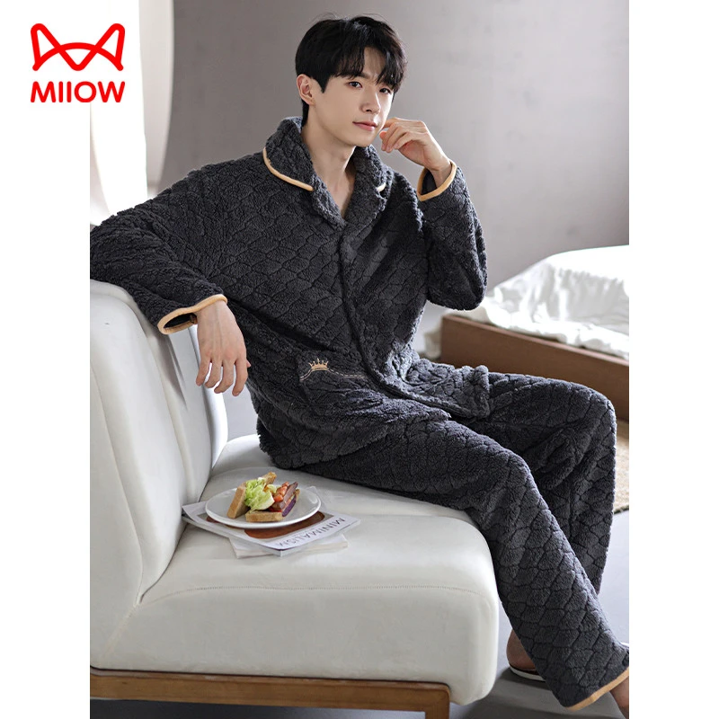 猫人睡衣男士冬季珊瑚绒加厚加绒保暖可外穿开衫翻领长毛绒家居服