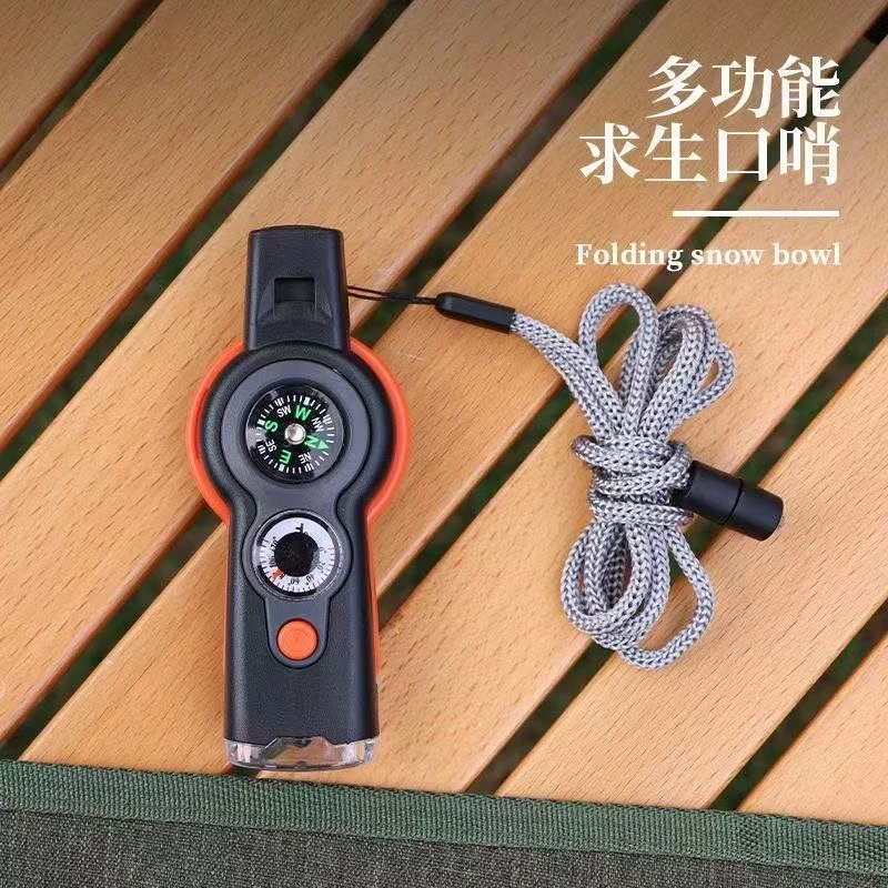 户外大音量多功能7合1口哨 求生哨子带LED灯温度计指南针