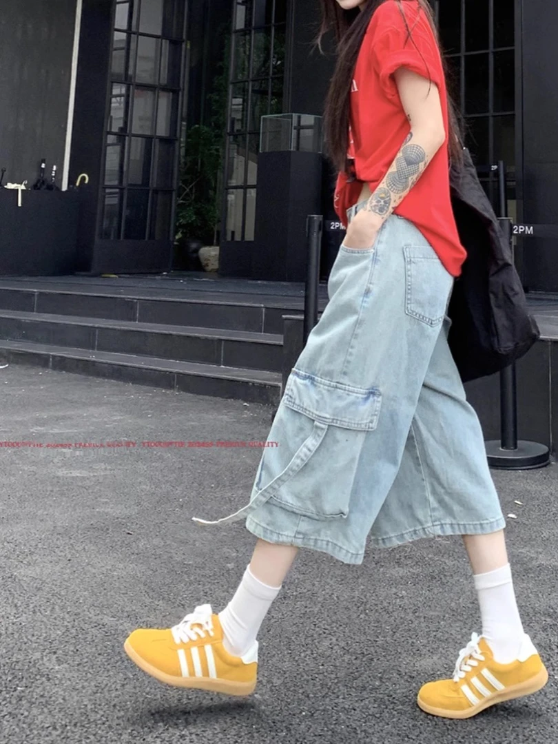 美式工装牛仔七分裤男女夏季多口袋高腰阔腿直筒七分过膝短裤子