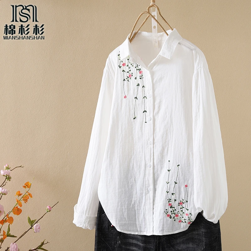 纯棉双层纱 刺绣植物花卉薄款衬衫春季春秋休闲大码绣花女装文艺