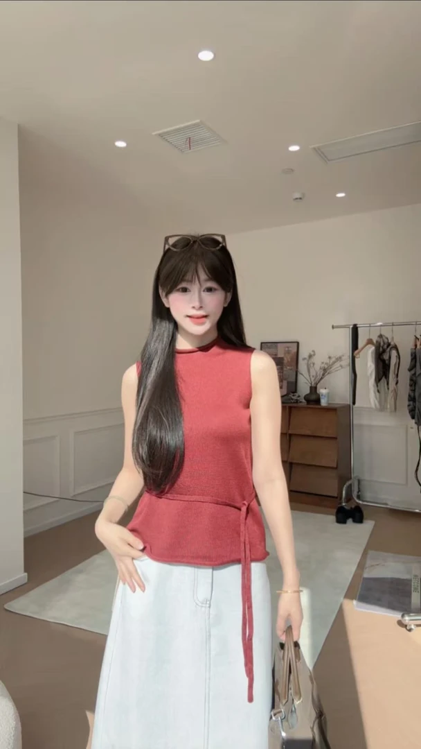 复古港风红色女秋款外穿绑带收腰坎肩针织无袖上衣