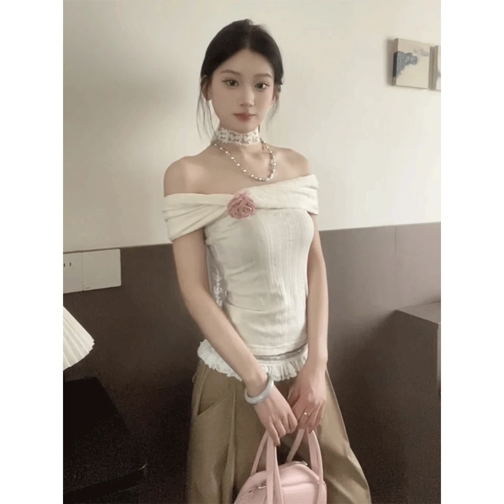法式气质高级感一字肩短袖t恤女夏季辣妹修身超好看别致漂亮上衣