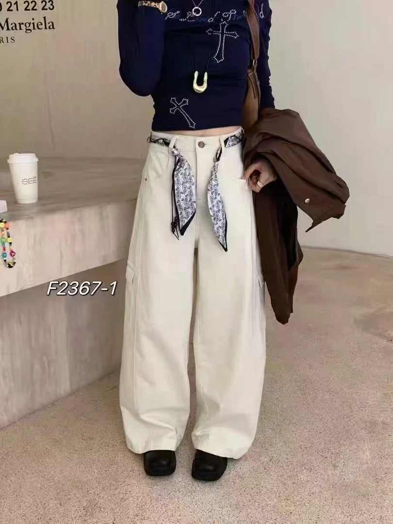F2367-1#米色 秋冬新款 韩版高腰直筒工装阔腿裤 休闲牛仔裤女