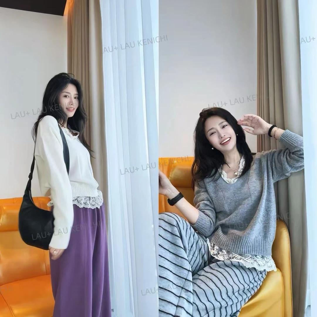 LAU+"烟屿灰" 蕾丝拼接羊毛衫 减龄 设计师新款 女装上衣