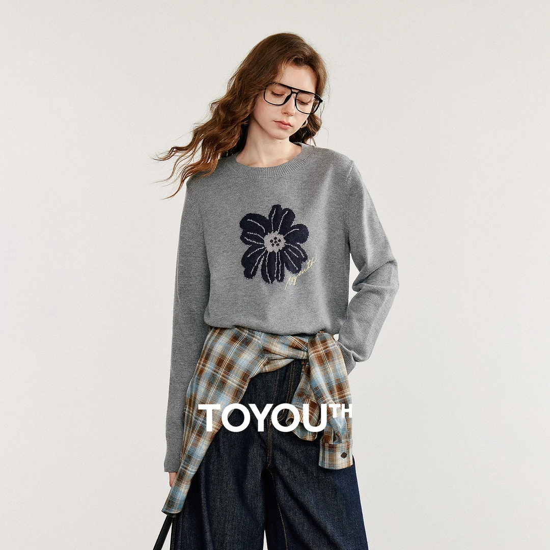 初语针织衫女25秋新花朵提花乡野田园风收腰软糯上衣8533049