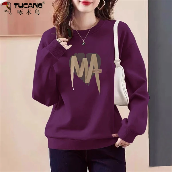 【啄木鳥】纯棉卫衣加绒加厚套头秋冬季圆领女士新款宽松上衣休闲