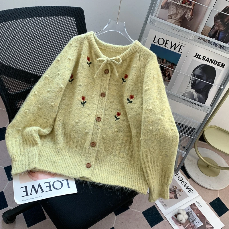 韩系蝴蝶结温柔风甜美绣花毛衣外套女2025春秋新款针织开衫上衣潮