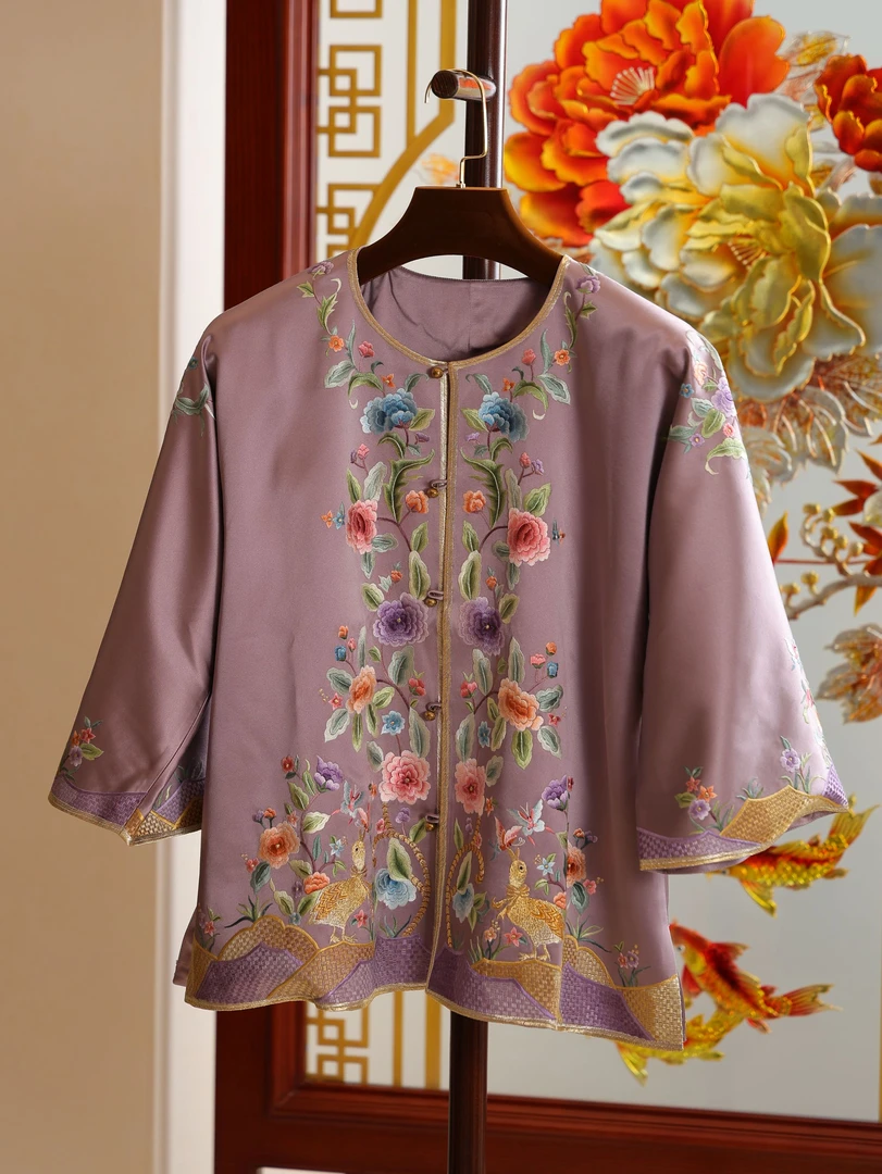 灰紫色对花圆领对襟SX-TT-61