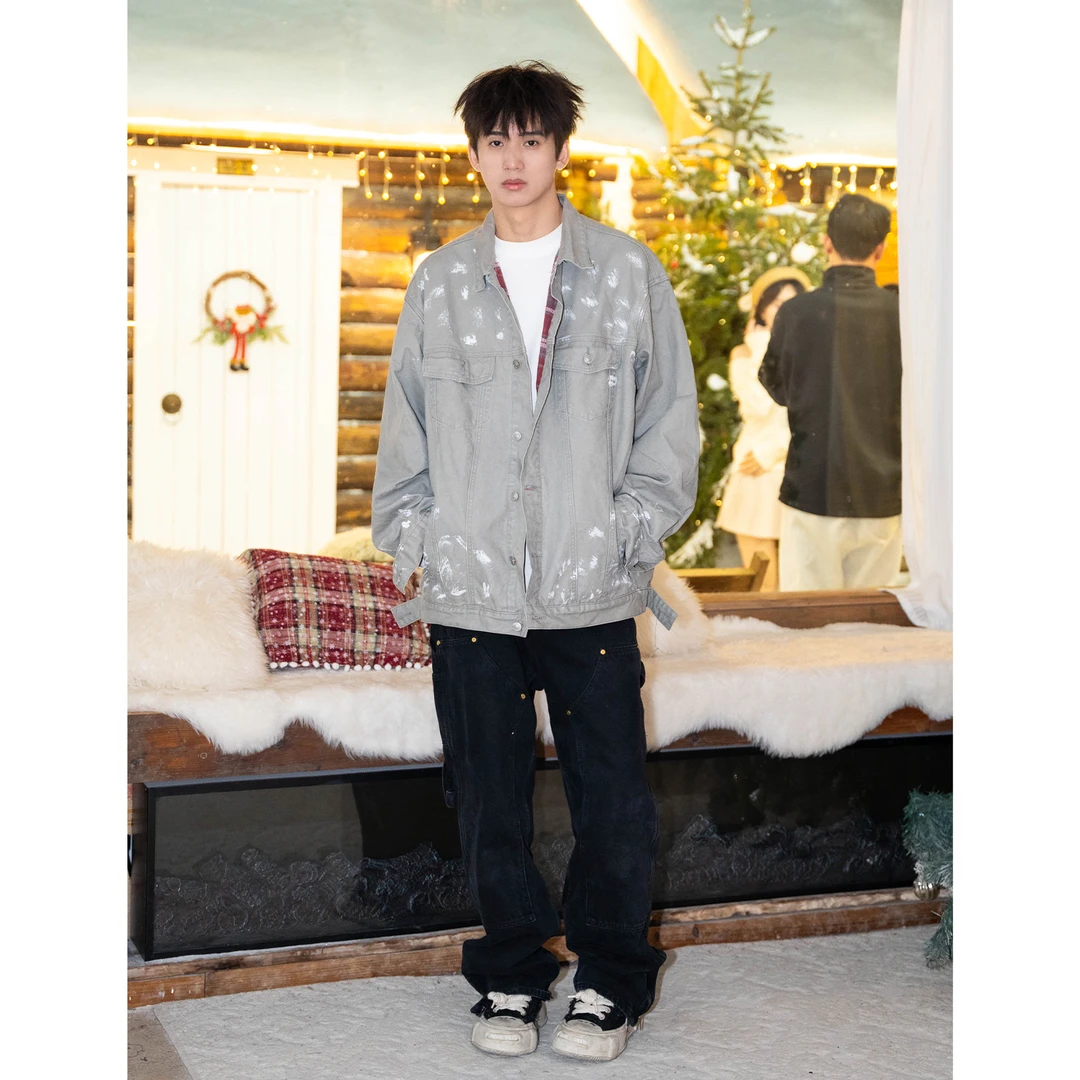 做旧泼墨浅色牛仔外套男潮牌宽松bf风情侣休闲夹克8085