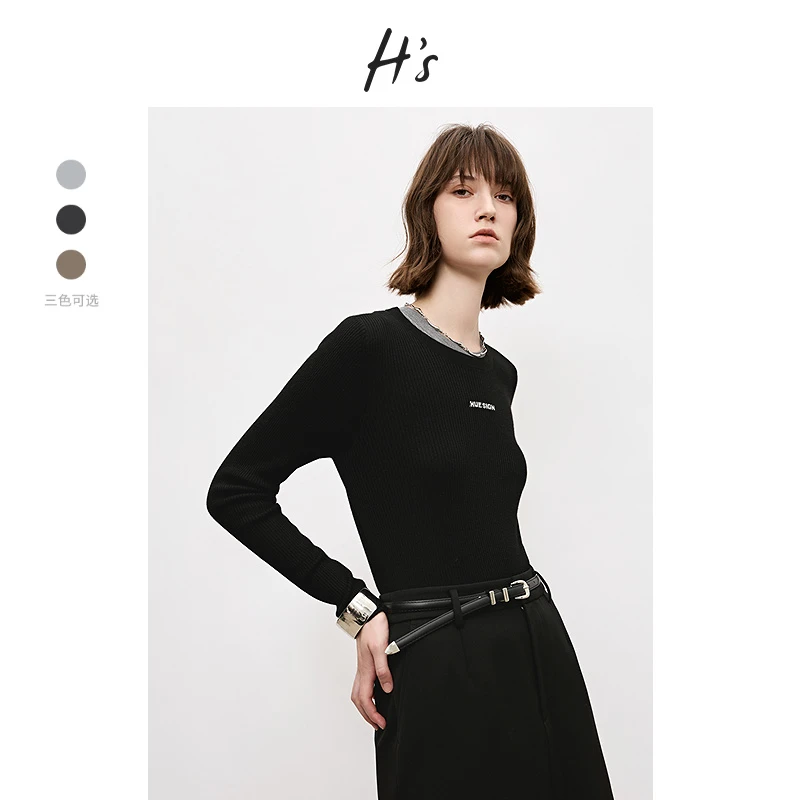 HS极简三色logo坑条打底衫2024冬季新品百搭修身羊毛混纺针织衫女