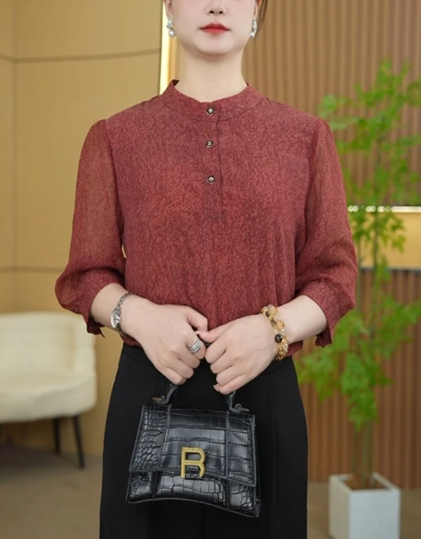 [雅韵芳华]朱砂红百搭休闲大码时尚中袖宽松衬衣8534