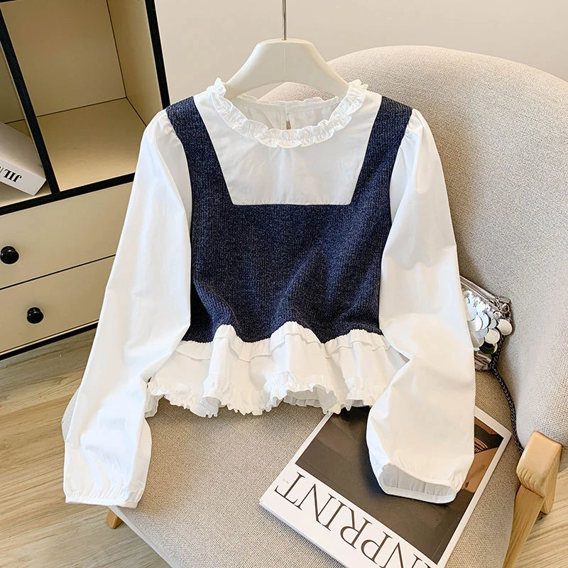 秋季新款大码圆领针织拼接假两件衬衫女别致独特木耳边长袖衬衣