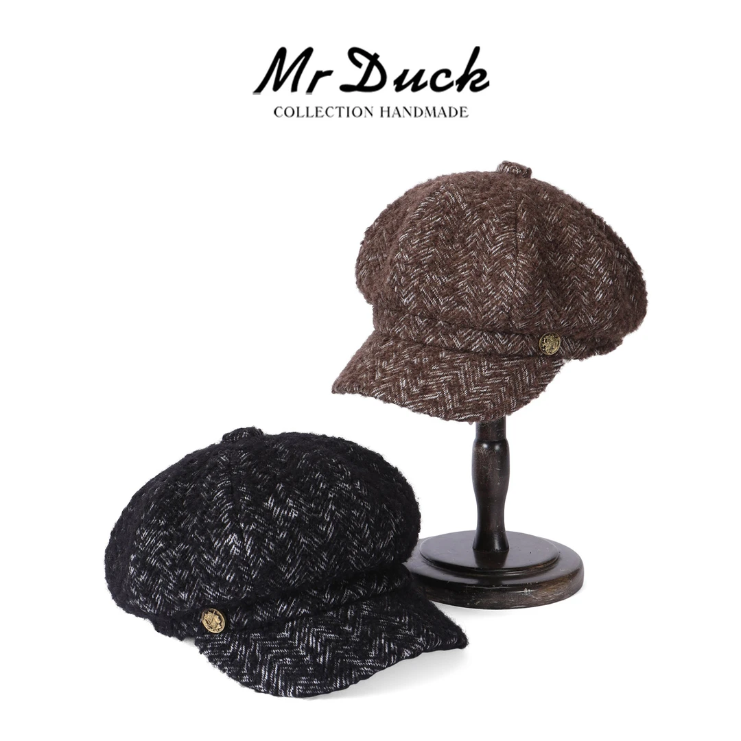 Mr DUCK织梦 羊毛羊驼毛混纺人字纹肌理护法式八角报童帽冬