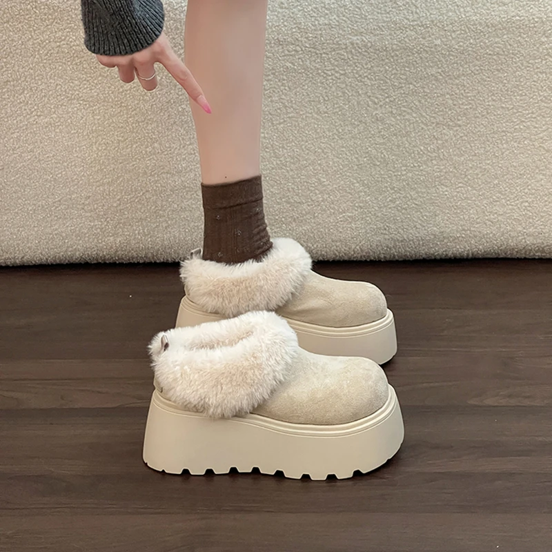 OJRZ厚底百搭增高毛绒雪地靴2025女冬新款一脚蹬保暖毛毛加绒棉鞋