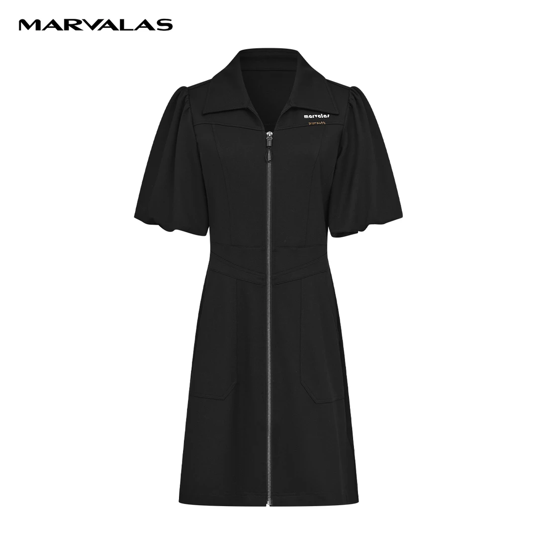 【粉丝专属】曼德诗纯色Polo领连衣裙收腰短袖小黑裙