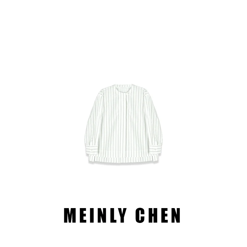 【MEINLY  CHEN】【绿条纹】高端设计师款条纹休闲圆领衬衫2533