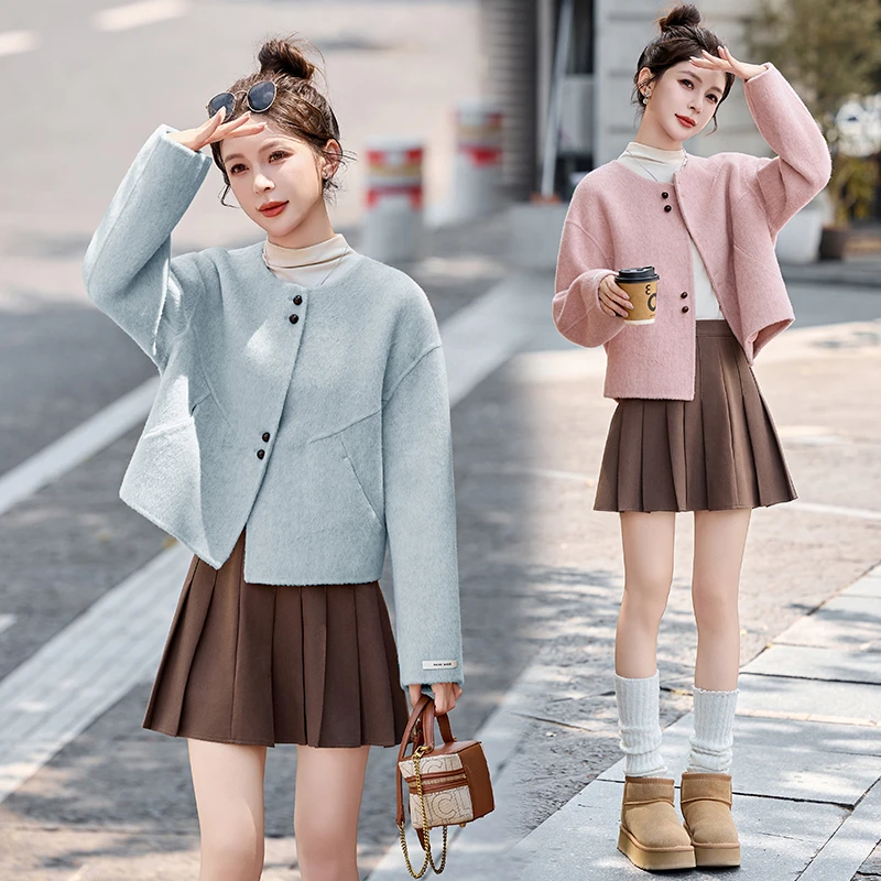 外套女款爆款2026新款70%羊毛双面呢短款外套节穿搭140-155小个子