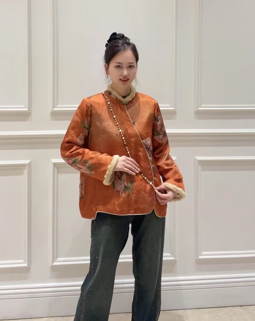 棉服 新中式国风女装立领斜襟提花外套复古百搭棉衣