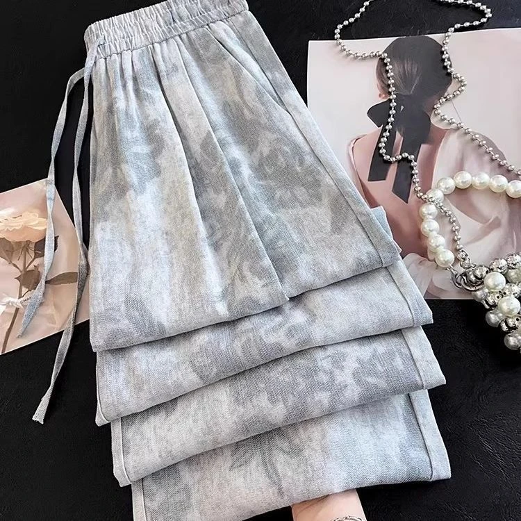 大码胖m200斤复古印花阔腿裤女夏季慵懒风高腰宽松垂感休闲直筒裤