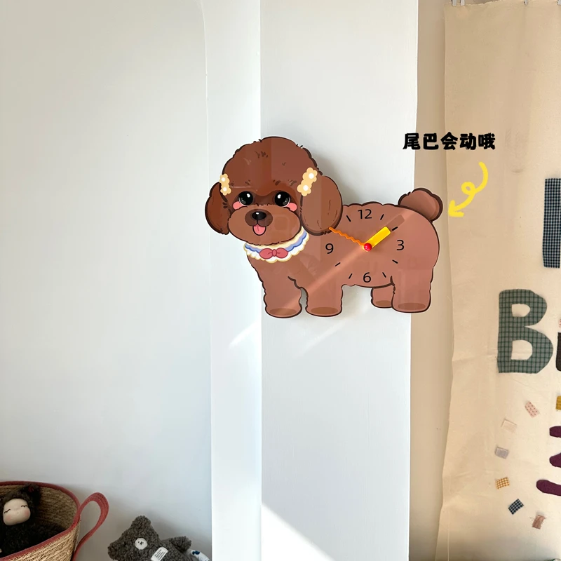 卡通棕泰迪狗狗创意装饰挂墙钟表客厅儿童房静音时钟挂钟家居饰品