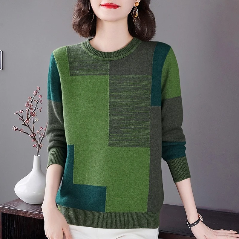 2025新款秋冬撞色大码毛衣女圆领妈妈休闲宽松显瘦套头针织衫上衣