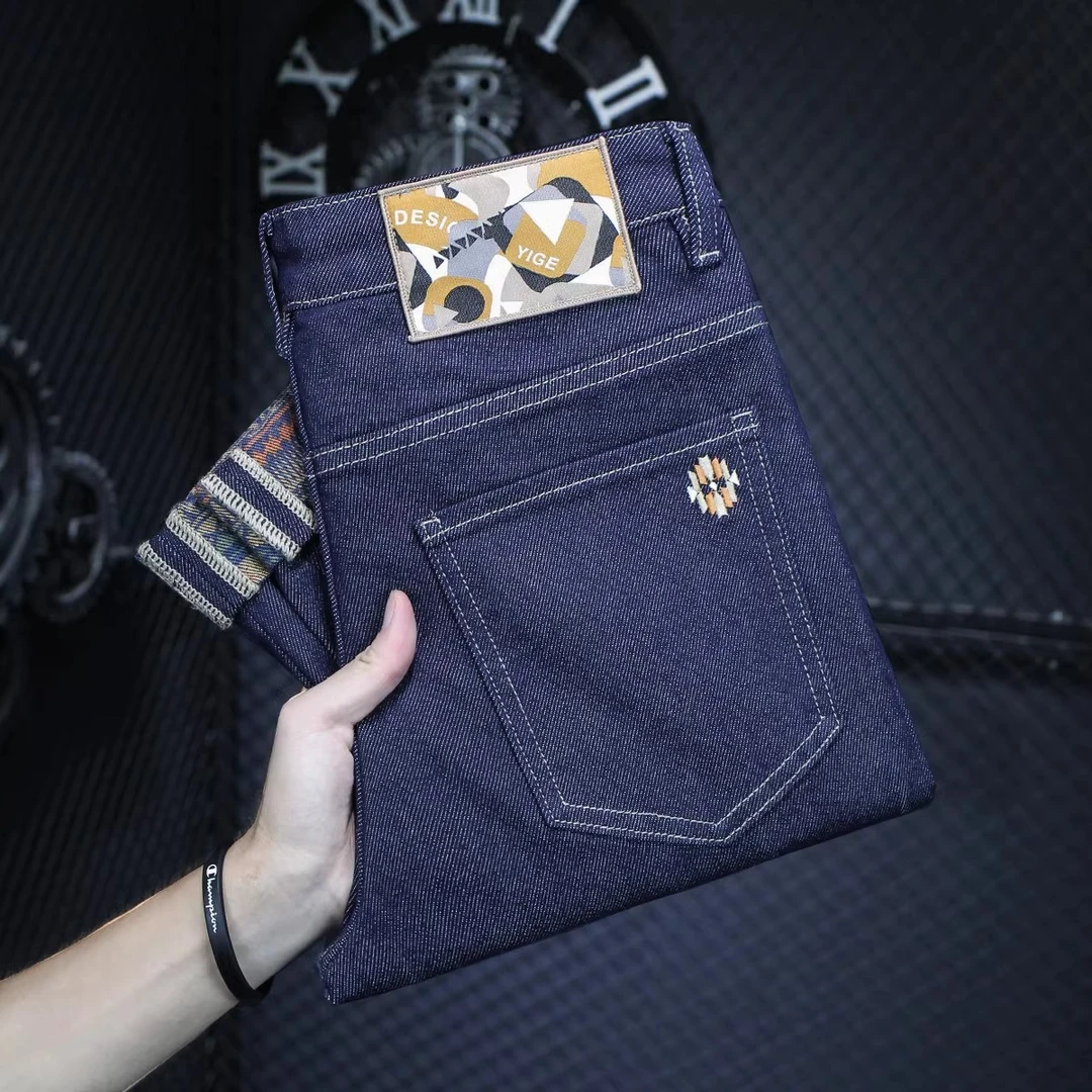 2024春季新款原色水洗深蓝色牛仔裤男百搭修身小脚裤时尚潮牌长裤