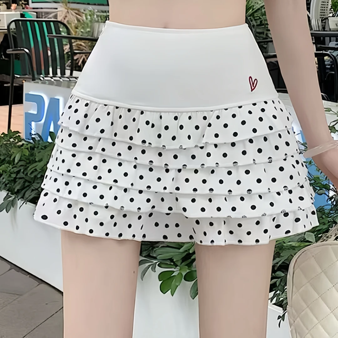贵富•【白巧波】ins风显瘦高腰层叠蛋糕波点短裙防走光半裙
